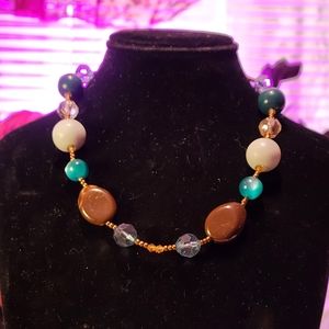 Blues,Browns & Copper  Plastic Bead Necklace  19in